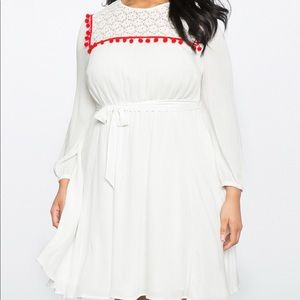 Fit and Flare Dress with Lace and Pom Detail